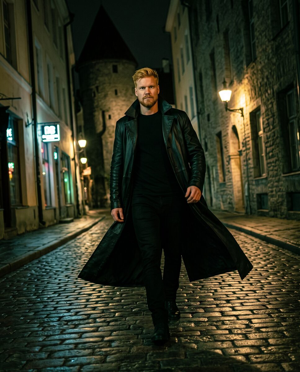 Stride through the neon-lit street
